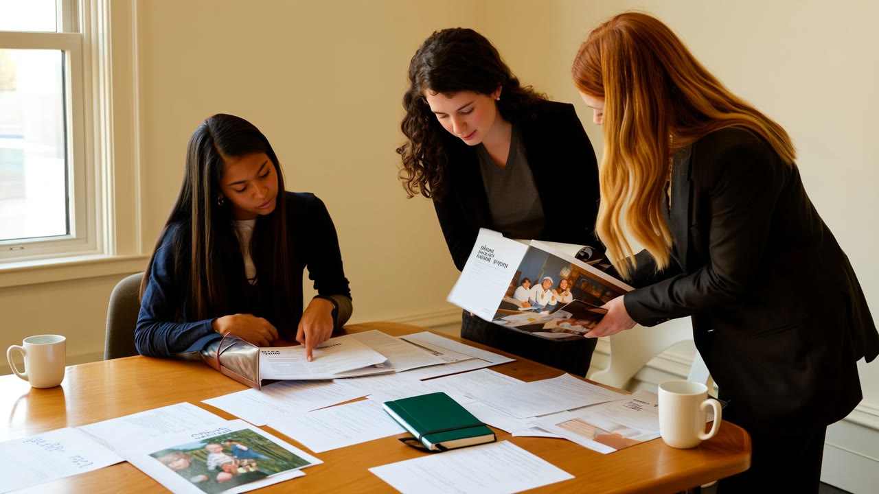 Three Legendz fundraisers studying a partner charity's program brochure at the briefing table — open documents, leather notebook, two mugs, soft window light.